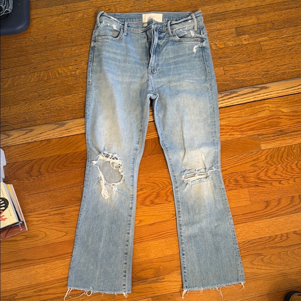 MOTHER Light Blue Distressed Flare Jeans